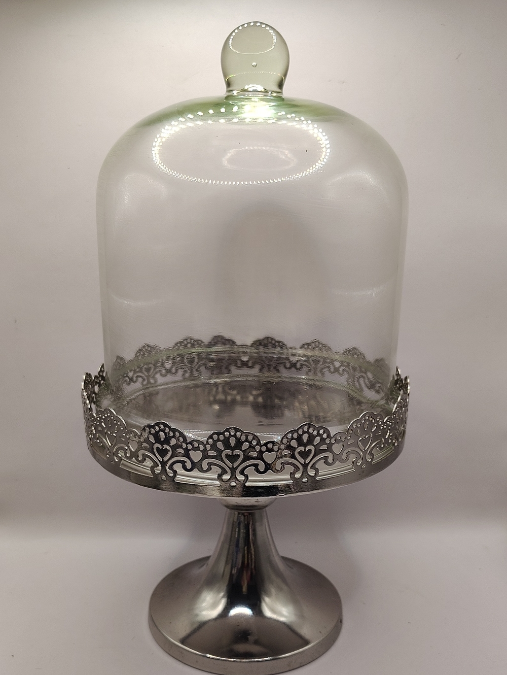 Glass Dome Cake Stand with Silver Filigree Pedestal 13" Tall